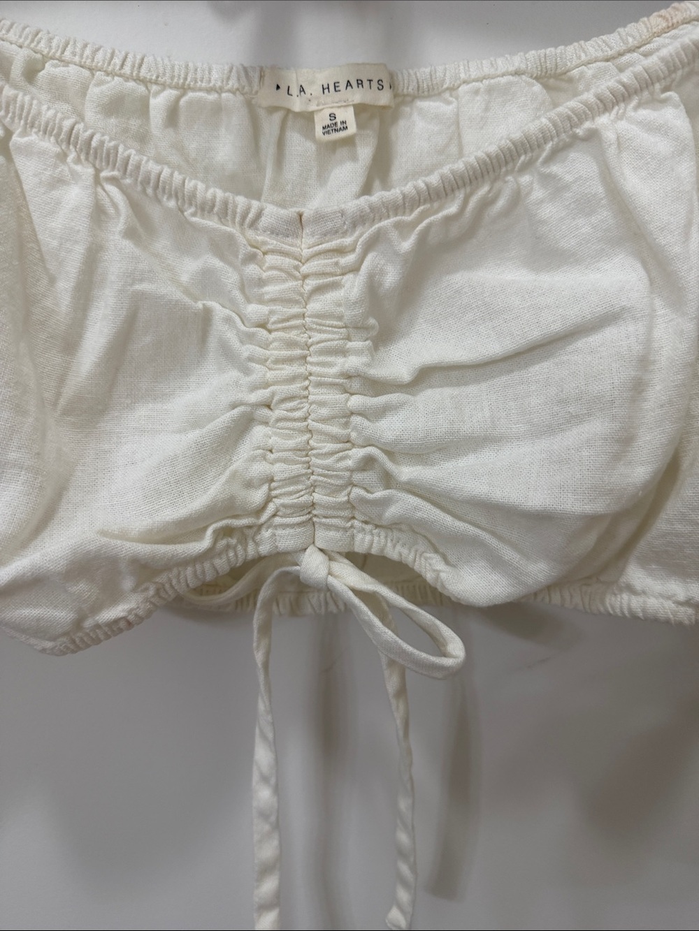 La Hearts Ivory Off-Shoulder Ruched Drawstring Crop Top - Picture 3 of 5